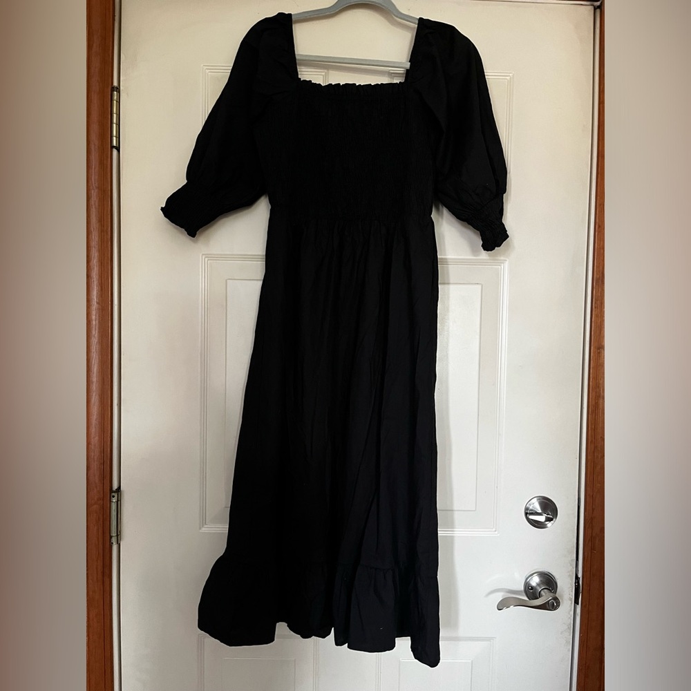 Black smocked midi dress